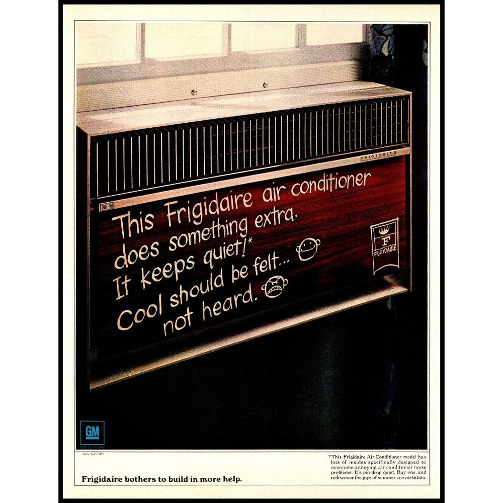 1969 Frigidaire Window Unit Air Conditioner Vintage Print Ad Wood Grain Wall Art